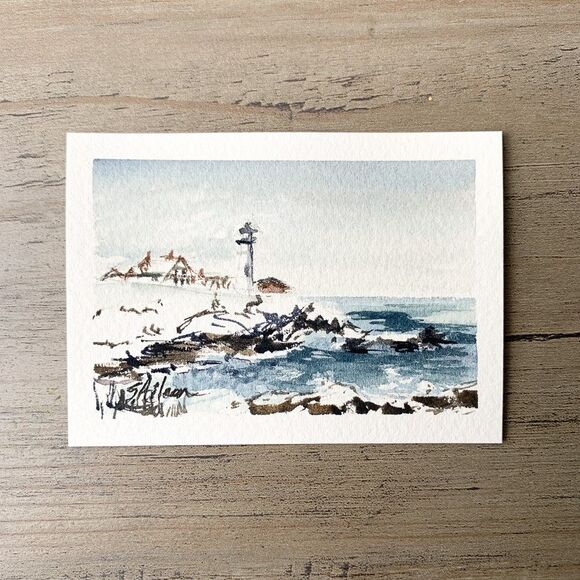 ACEO Watercolor Painting Maine Cape Elizabeth Portland Head Light 2.5x3.5 Signed - Picture 2 of 2